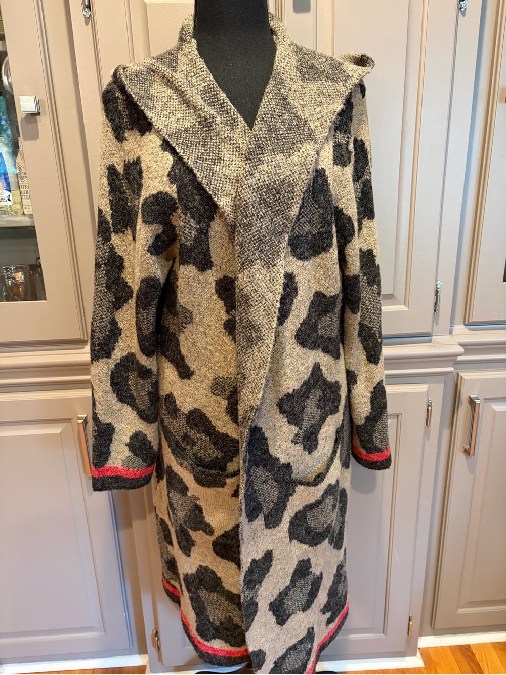 Joseph A Beige and Black Hooded Long Coatigan with Red Trim